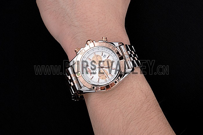 Breitling Chronomat White Dial Rose Gold Bezel And Subdials Stainless Steel Case Two Tone Bracelet
