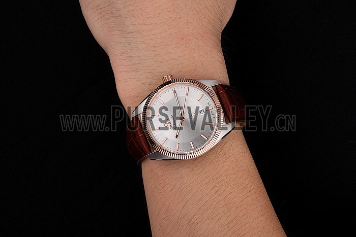 Omega Globemaster Silver Dial Rose Gold Bezel Stainless Steel Case Brown Leather Strap