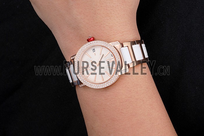 Bvlgari Bvlgari White Guilloche Dial Roman Numerals Gold Case Diamond Bezel Two Tone Bracelet