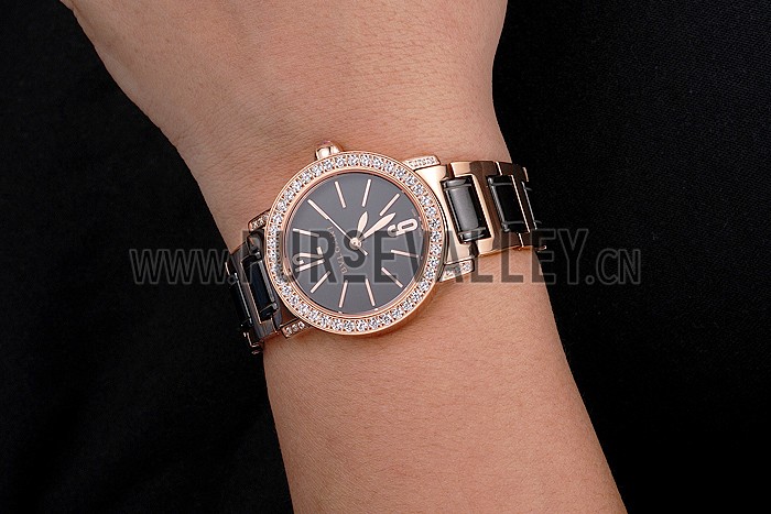 Bvlgari Bvlgari Black Dial Gold Case Diamond Bezel Two Tone Bracelet