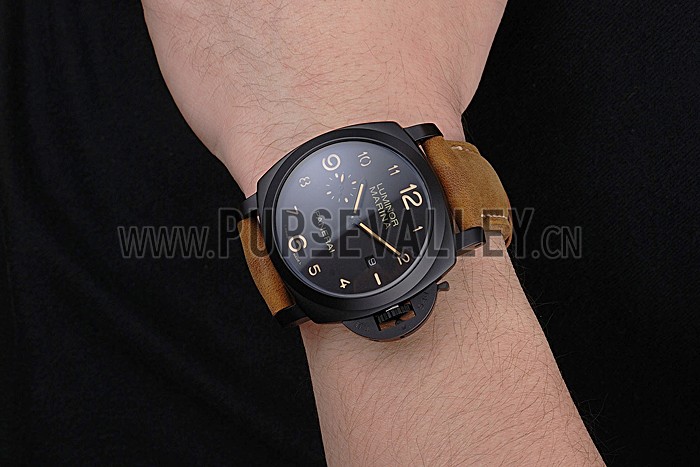 Panerai Luminor Marina 1950 Black Dial Matte Black Steel Case Brown Suede Leather Strap