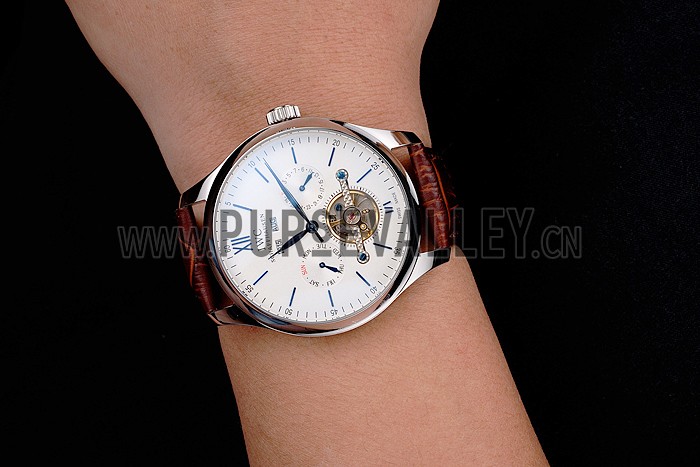 IWC Portofino Tourbillon White Dial Blue Markings Stainless Steel Case Brown Leather Strap