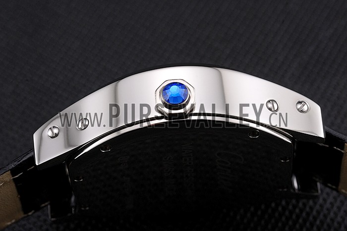 Cartier Tortue Large Date Black Dial Stainless Steel Case Black Leather Strap