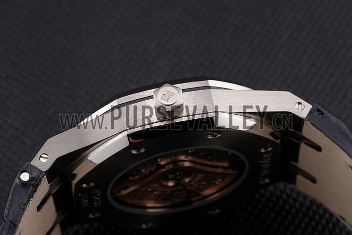 Swiss Audemars Piguet Royal Oak Black Dial Steel Case With Diamonds Black Leather Strap