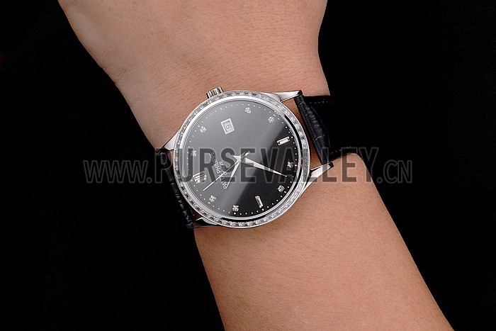 Swiss Patek Philippe Calatrava Black Dial Diamond Bezel Stainless Steel Case Black Leather Strap