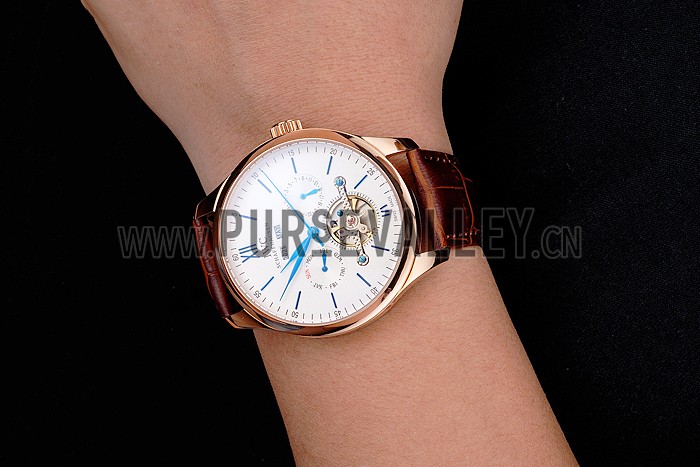 IWC Portofino Tourbillon White Dial Blue Markings Rose Gold Case Brown Leather Strap