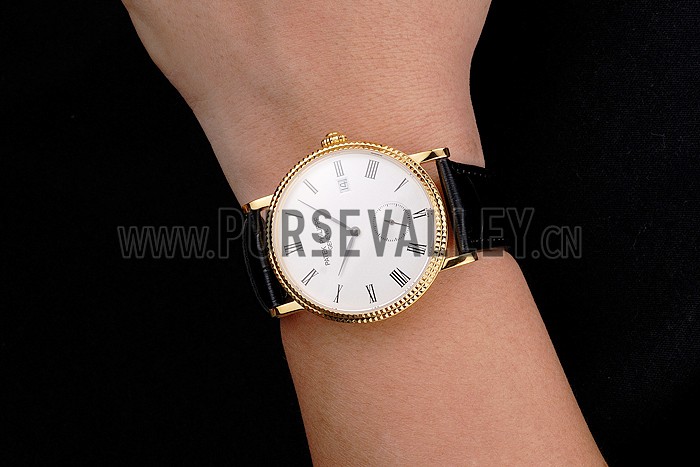 Swiss Patek Philippe Calatrava White Dial Gold Case Fluted Bezel Black Leather Strap