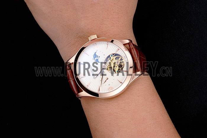 Jaeger LeCoultre Master Moonphase Tourbillon White Dial Rose Gold Case Brown Leather Strap