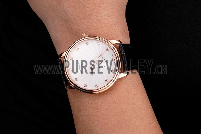 Patek Philippe Calatrava White Guilloche Dial Rose Gold Case Black Leather Strap