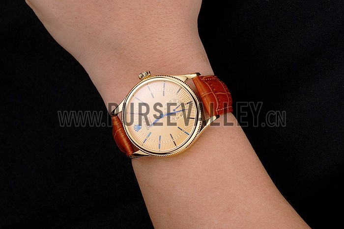 Swiss Rolex Cellini Gold Dial Blue Markings Gold Case Light Brown Leather Strap
