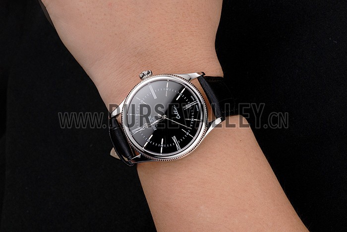 Swiss Rolex Cellini Black Dial Roman Numerals Stainless Steel Case Black Leather Strap
