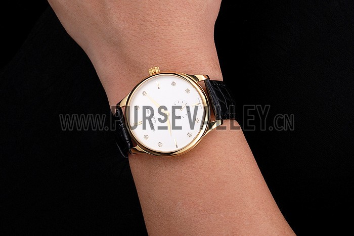 Patek Philippe Calatrava White Dial Diamond Markings Gold Case Black Leather Strap