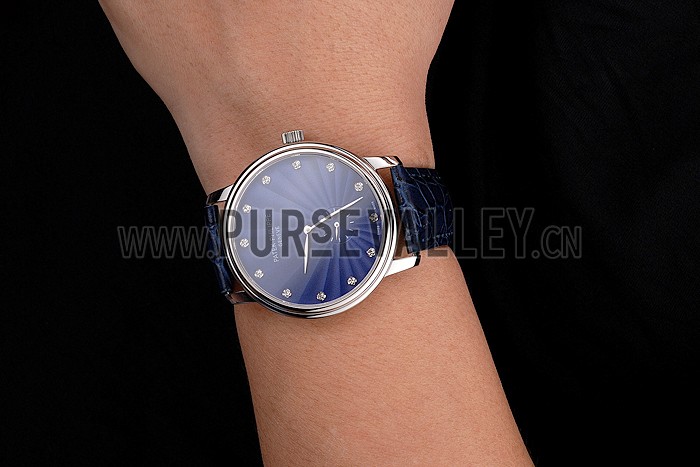 Patek Philippe Calatrava Blue Guilloche Dial Stainless Steel Case Blue Leather Strap