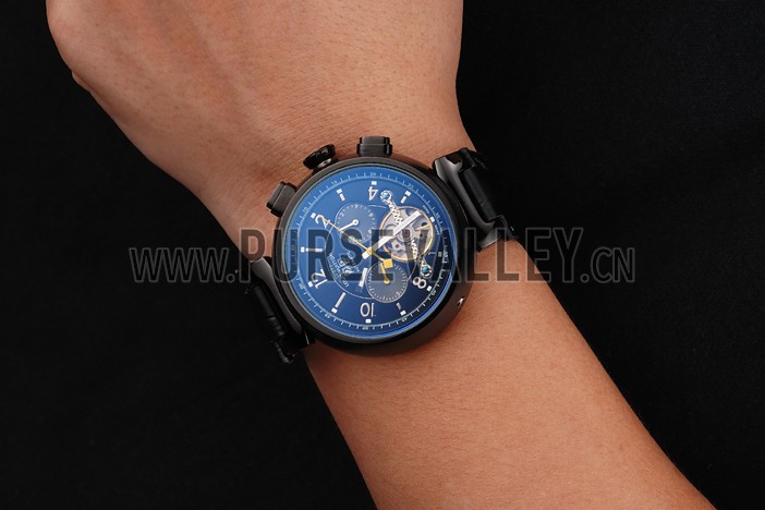 Louis Vuitton Tambour LV277 Tourbillon Black Dial Black PVD Case Black Leather Strap