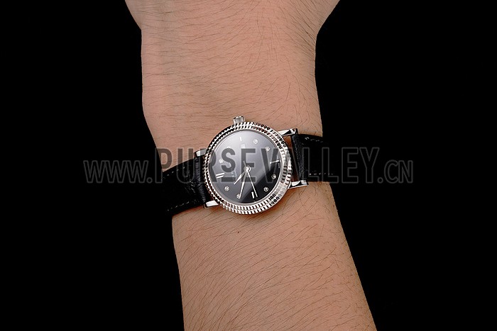 Patek Philippe Calatrava Black Dial Diamond Hour Marks Double Ribbed Bezel Stainless Steel Case Black Leather Strap