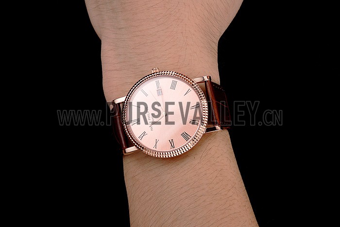 Patek Philippe Calatrava Rose Gold Dial Roman Numerals Ribbed Bezel Rose Gold Case Brown Leather Strap