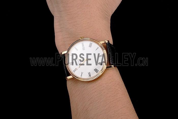 Patek Philippe Calatrava White Dial Roman Numerals Ribbed Bezel Gold Case Black Leather Strap