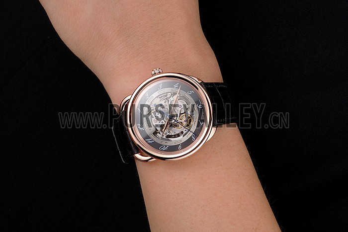 Swiss Hermes Arceau Skeleton Black Dial Brown Hands Rose Gold Case Black Leather Strap