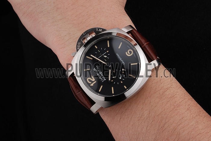 Panerai Luminor 1950 Tourbillon GMT Black Dial Stainless Steel Case Brown Leather Strap