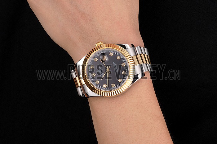 Swiss Rolex Datejust Black Dial Stainless Steel Case Gold Bezel Two Tone Bracelet