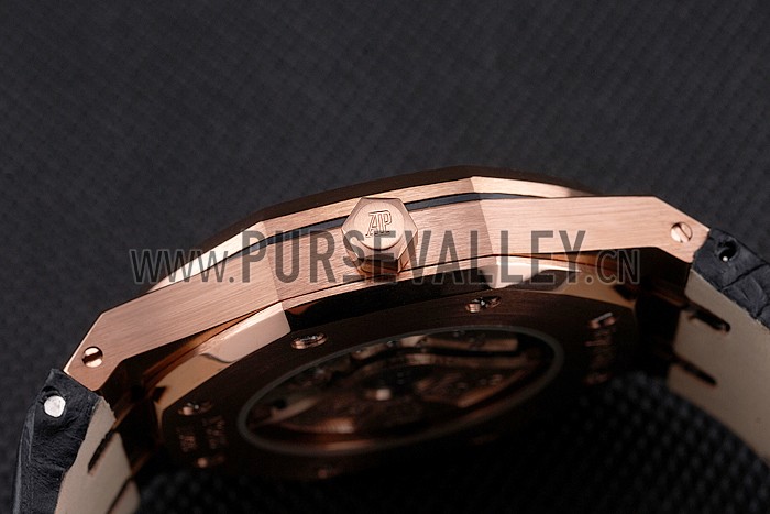 Swiss Audemars Piguet Royal Oak Black Dial Gold Case With Diamonds Black Leather Strap