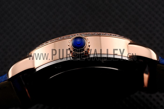 Cartier Ronde White Dial Diamond Bezel Rose Gold Case Blue Leather Strap