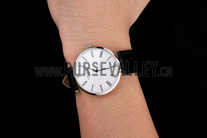 Swiss Longines Grande Classique White Dial Roman Numerals Stainless Steel Case Black Leather Strap