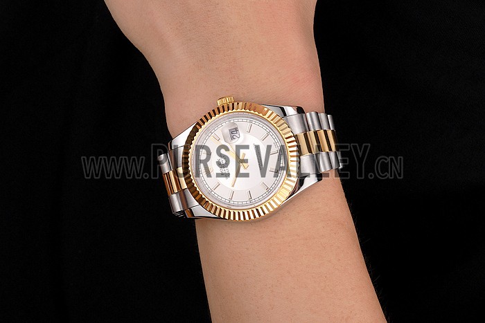 Swiss Rolex Datejust White Dial Gold Bezel Stainless Steel Case Two Tone Gold Bracelet