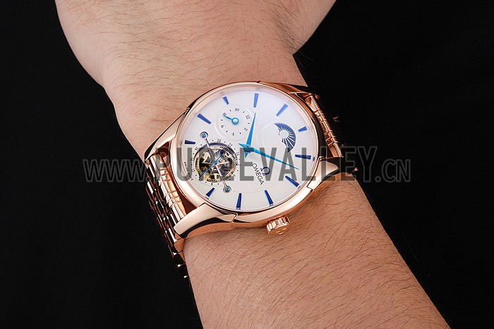 Omega De Ville Moonphase Tourbillon White Dial Blue Hands Rose Gold Case And Bracelet