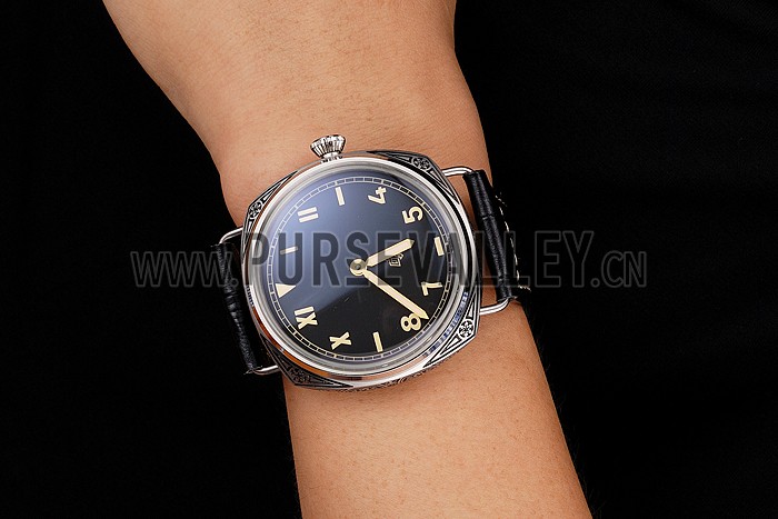 Panerai Radiomir Firenze PAM604 Black Dial Roman Numerals Engraved Stainless Steel Case Black Leather Strap