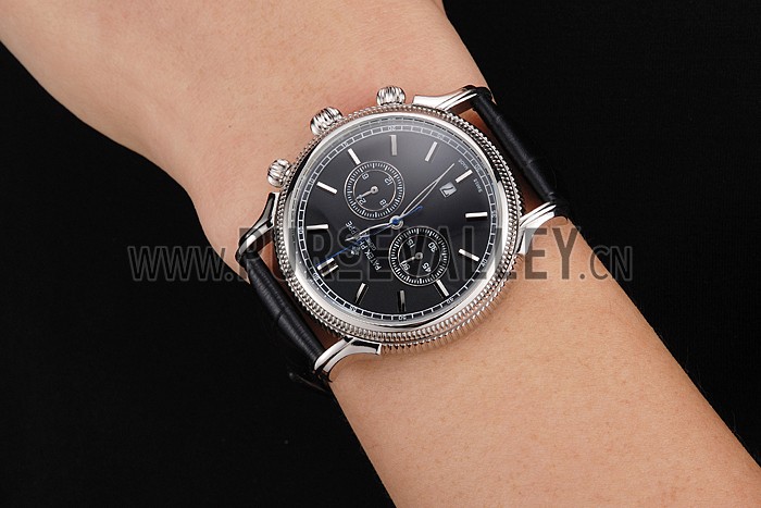Patek Philippe Chronograph Black Dial Stainless Steel Case Black Leather Strap