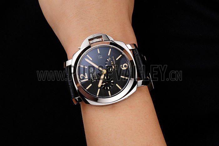 Panerai Luminor Automatic Power Reserve Black Embossed Dial Stainless Steel Case Black Leather Strap