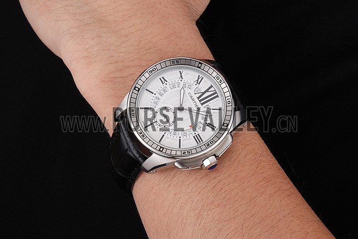 Cartier Calibre De Cartier Small Seconds White Dial Stainless Steel Case Black Leather Strap
