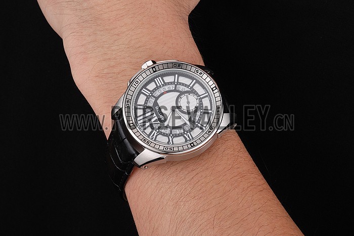 Cartier Calibre De Cartier Small Seconds Black And White Dial Stainless Steel Case Black Leather Strap
