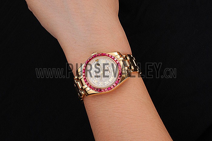 Rolex Datejust Diamond Dial Pink Jewels Bezel Gold Case And Bracelet 622835