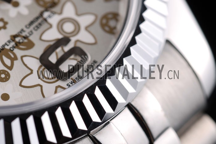 Rolex DateJust Stainless Steel Ribbed Bezel Flower Silver Dial 41983