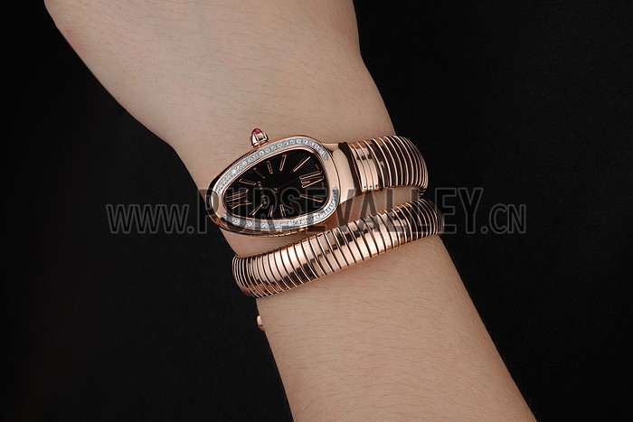 Bvlgari Serpenti 23mm Black Dial Rose Gold Case With Diamonds Rose Gold Bracelet