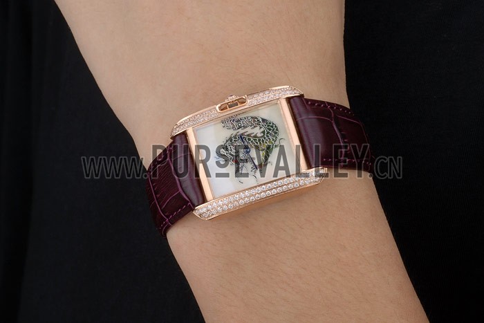 Cartier Tank Anglaise White Dragon Dial Diamonds Gold Case Purple Leather Bracelet