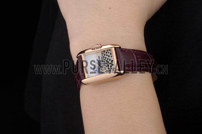 Cartier Tank Anglaise White Tiger Dial Gold Case Purple Leather Bracelet