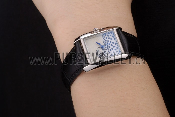 Cartier Tank Anglaise White Tiger Dial Stainless Steel Case Black Leather Bracelet