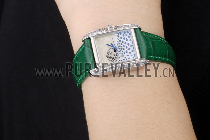Cartier Tank Anglaise White Tiger Dial Diamonds Steel Case Green Leather Bracelet