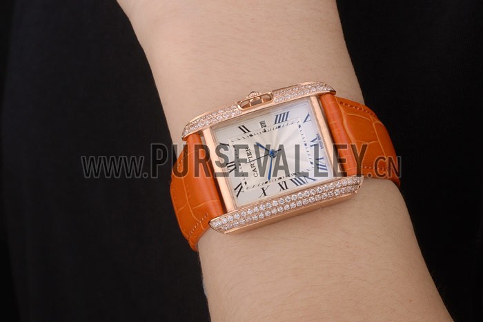 Cartier Tank Anglaise 30mm White Dial Diamonds Gold Case Orange Leather Bracelet