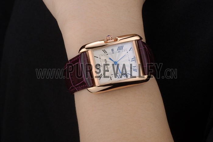 Cartier Tank Anglaise 30mm White Dial Gold Case Purple Leather Bracelet