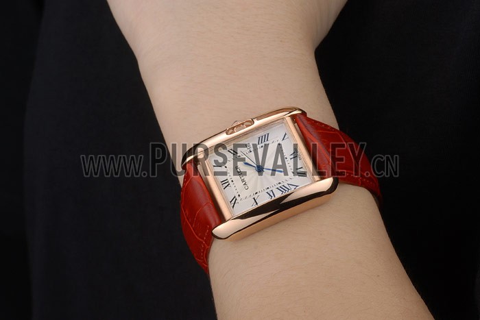 Cartier Tank Anglaise 30mm White Dial Gold Case Red Leather Bracelet