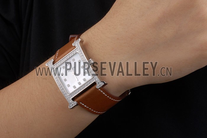 Hermes Heure H Stainless Steel Diamond Encrusted Bezel Tan Leather Strap White Dial 80232