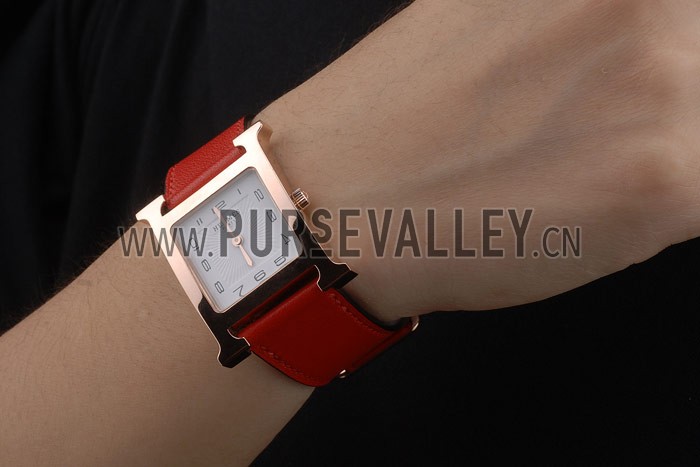 Hermes Heure H Rose Gold Bezel Red Leather Strap White Dial 80233