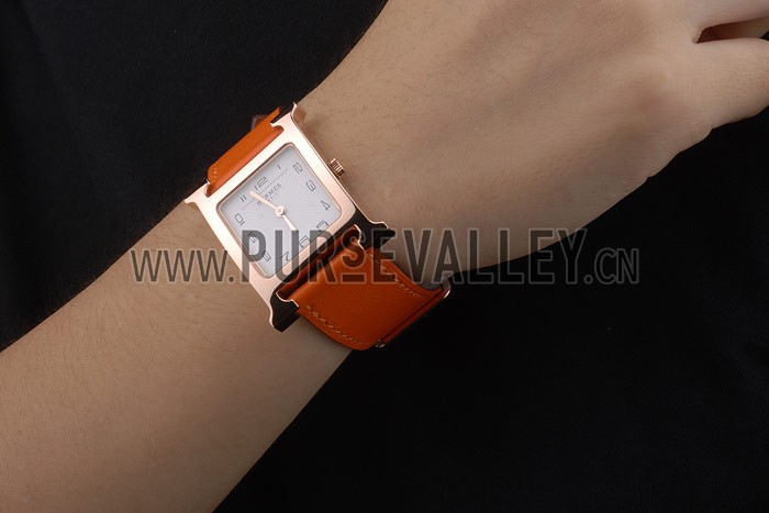 Hermes Heure H Rose Gold Bezel Orange Leather Strap White Dial 80234