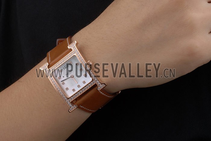 Hermes Heure H Rose Gold Diamond Encrusted Bezel Tan Leather Strap White Dial 80236