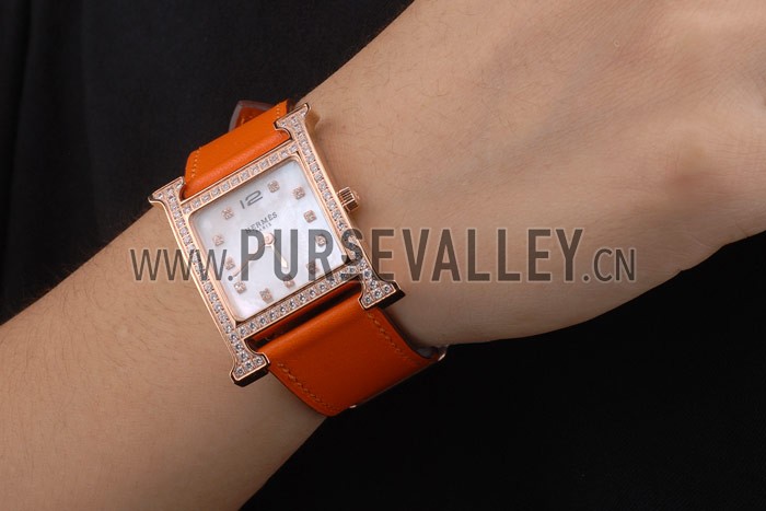 Hermes Heure H Rose Gold Diamond Encrusted Bezel Orange Leather Strap White Dial 80237
