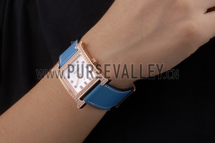 Hermes Heure H Rose Gold Diamond Encrusted Bezel Blue Leather Strap White Dial 80238